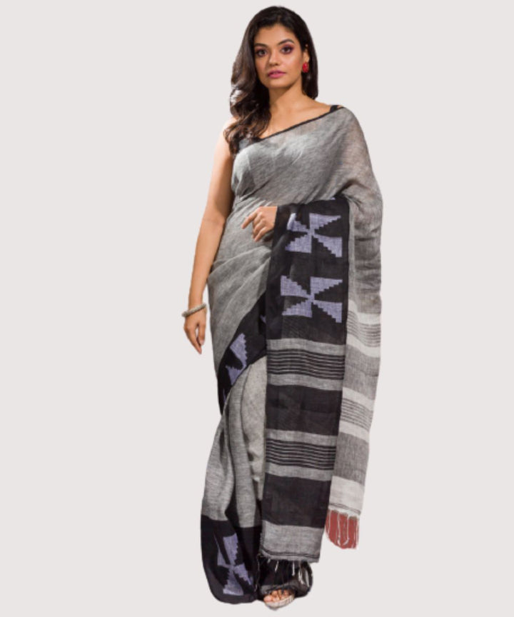 Grey black handwoven bengal linen jamdani saree