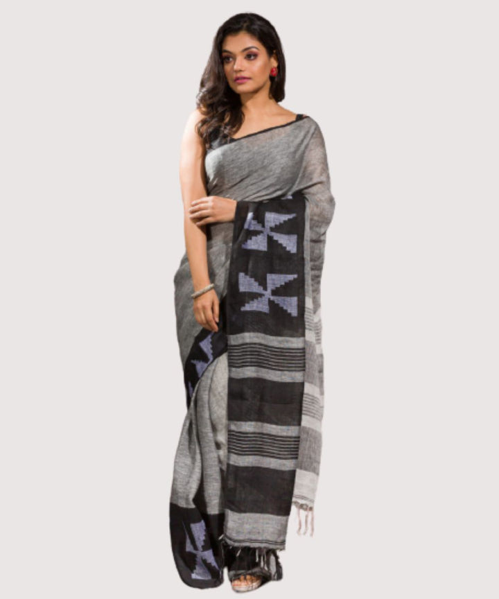 Grey black handwoven bengal linen jamdani saree