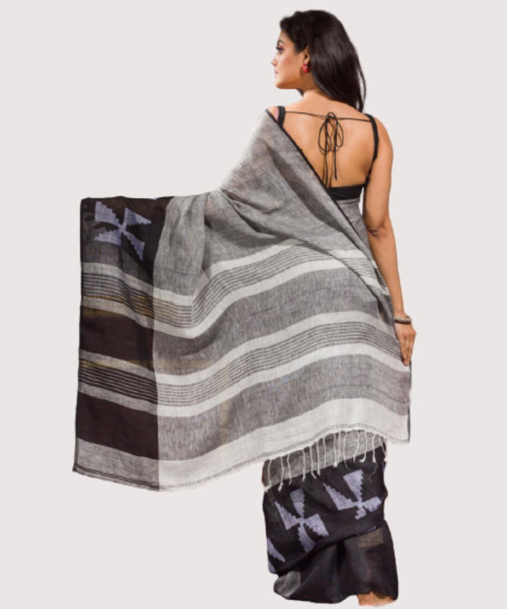 Grey black handwoven bengal linen jamdani saree