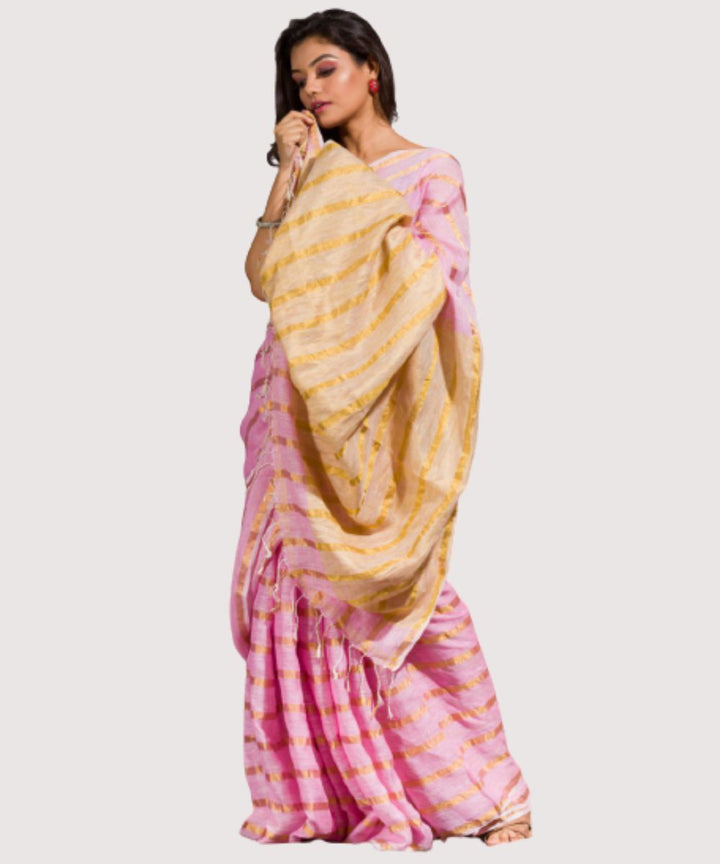 Light pink gold handwoven bengal linen saree