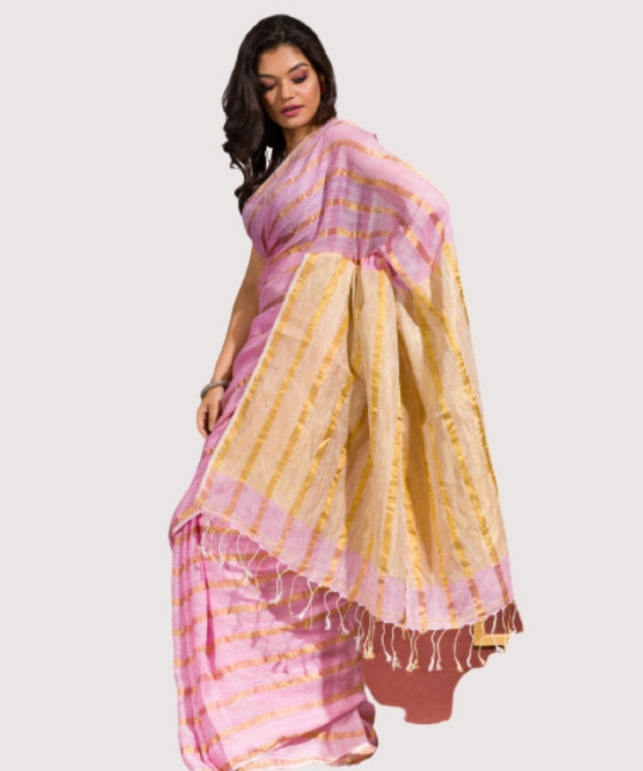 Light pink gold handwoven bengal linen saree