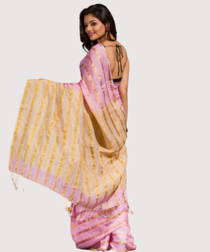 Light pink gold handwoven bengal linen saree