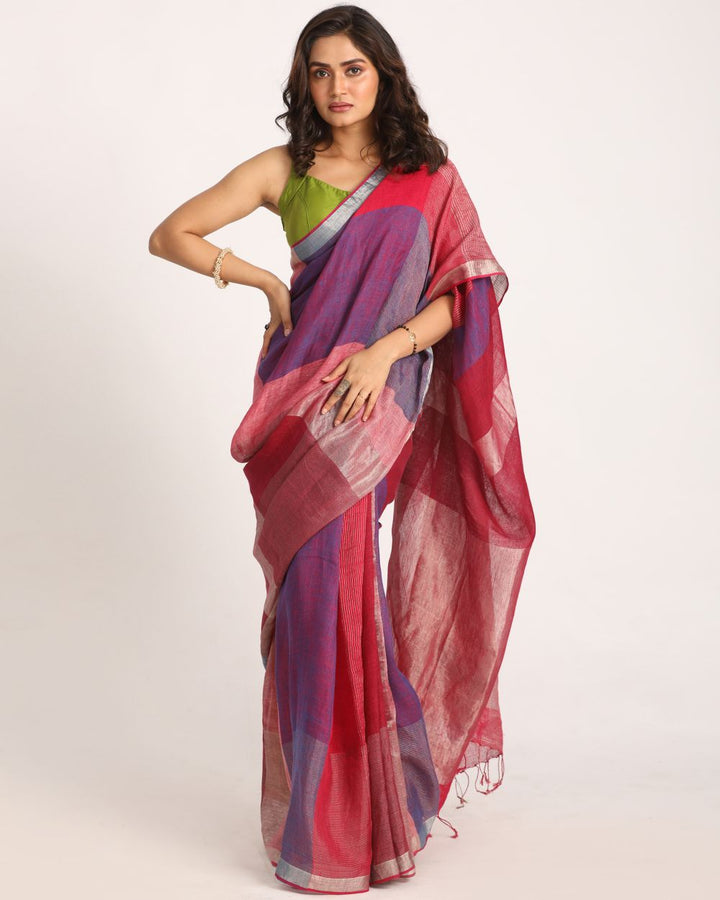 Red purple handwoven linen saree