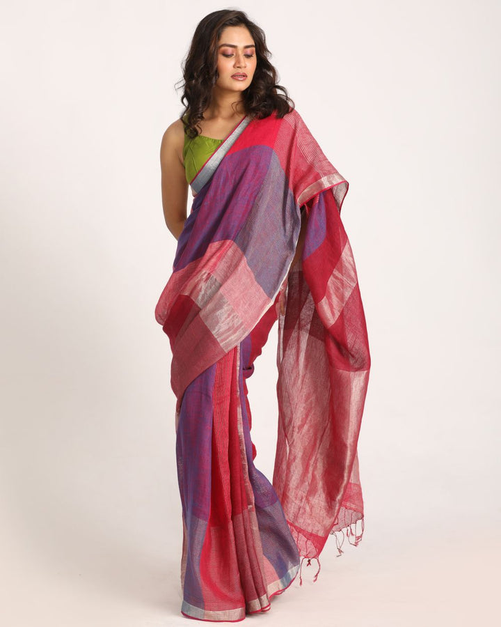 Red purple handwoven linen saree
