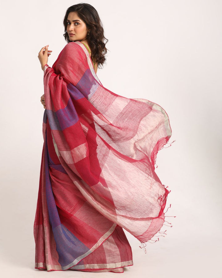 Red purple handwoven linen saree