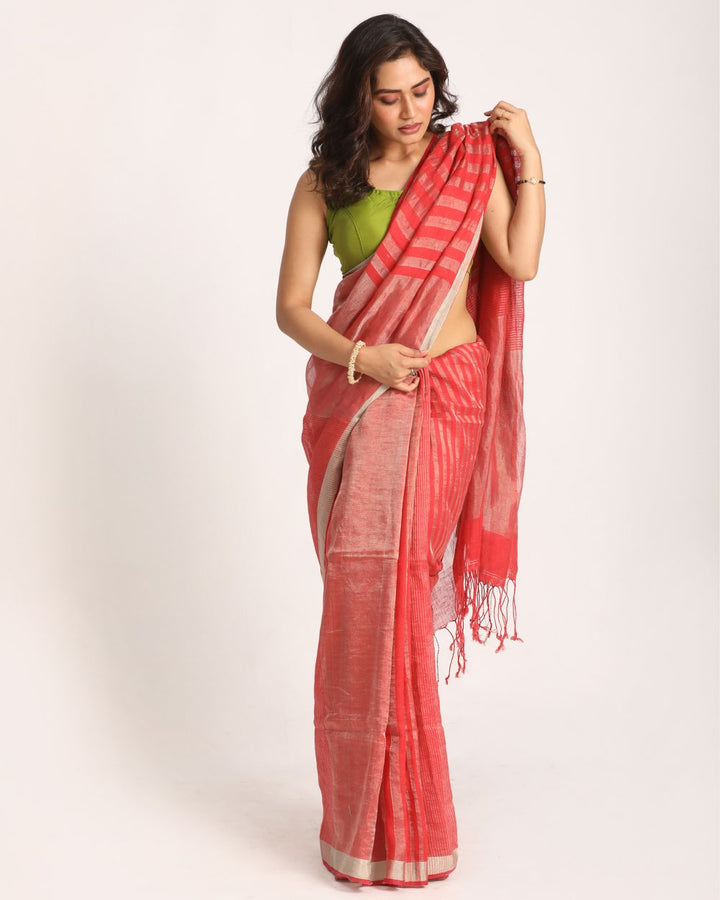 Red beige stripes handwoven linen saree