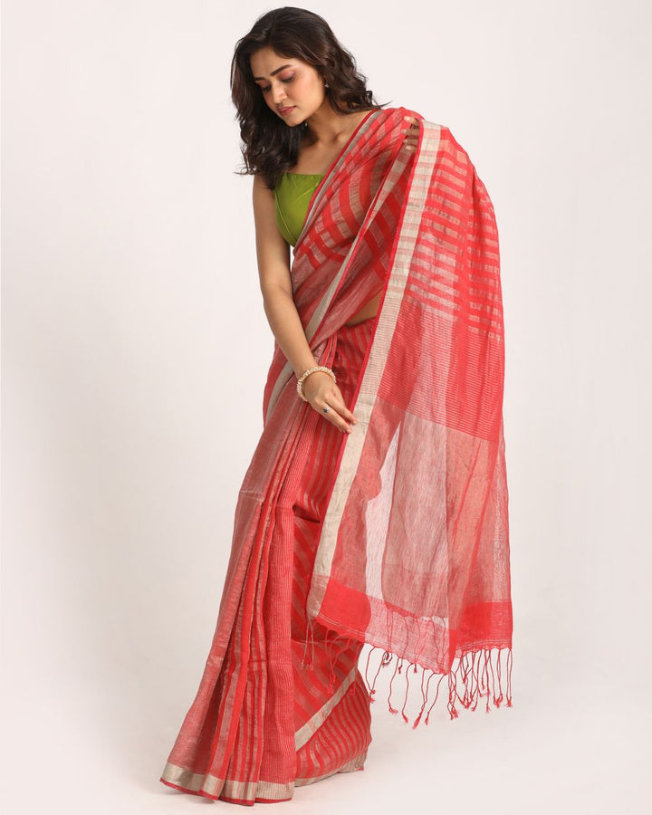 Red beige stripes handwoven linen saree