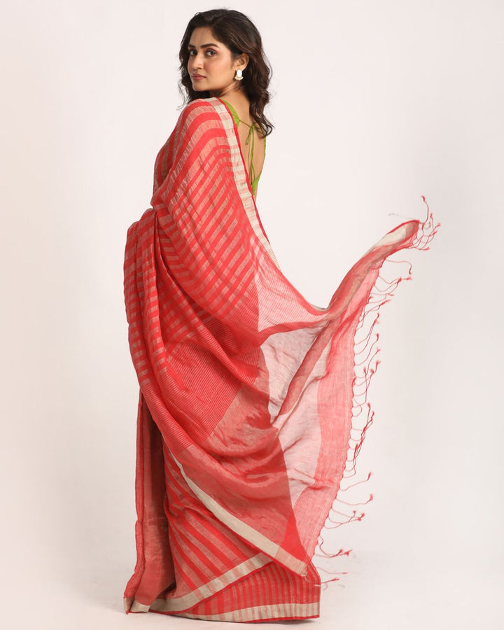 Red beige stripes handwoven linen saree