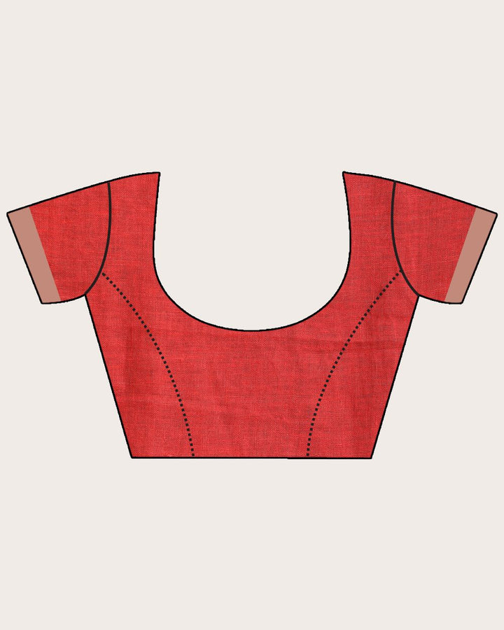 Red beige stripes handwoven linen saree