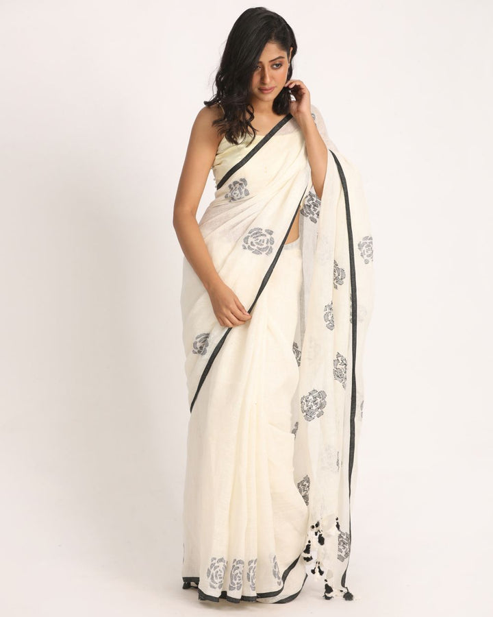 White black handwoven linen bengal saree