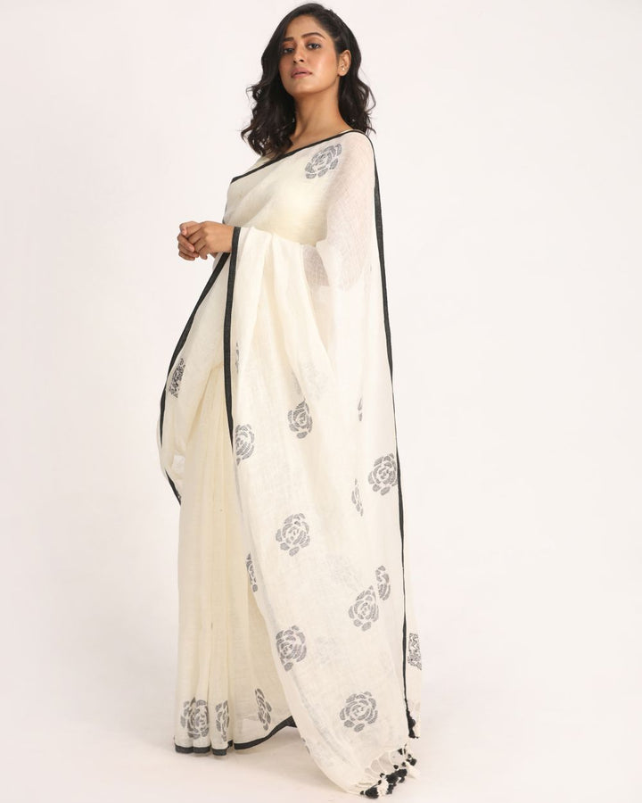 White black handwoven linen bengal saree