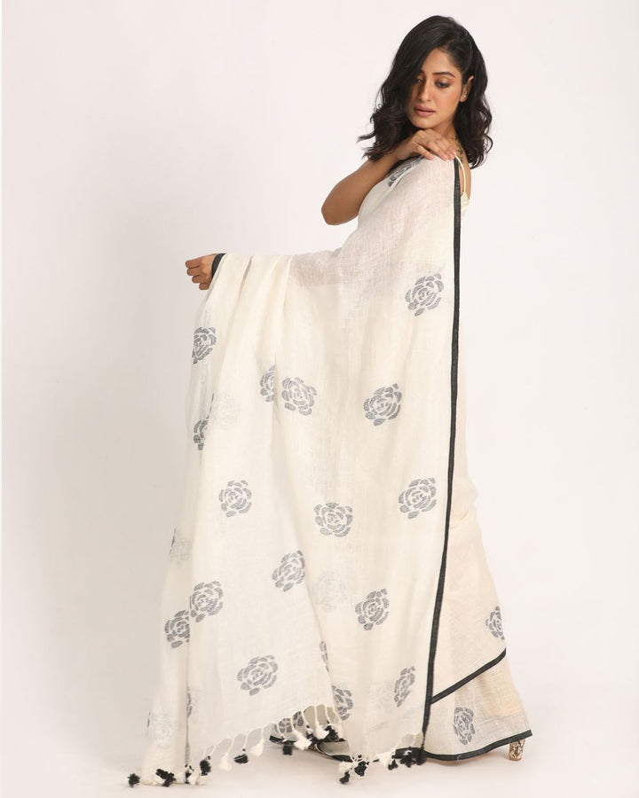 White black handwoven linen bengal saree