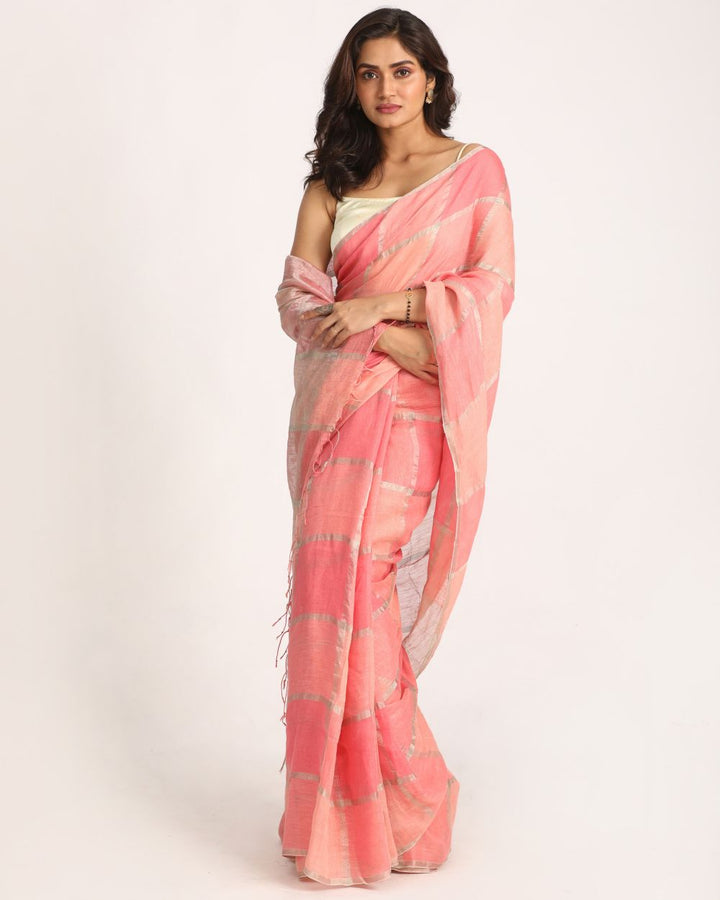 Peach pink handwoven linen saree