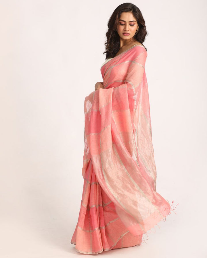 Peach pink handwoven linen saree