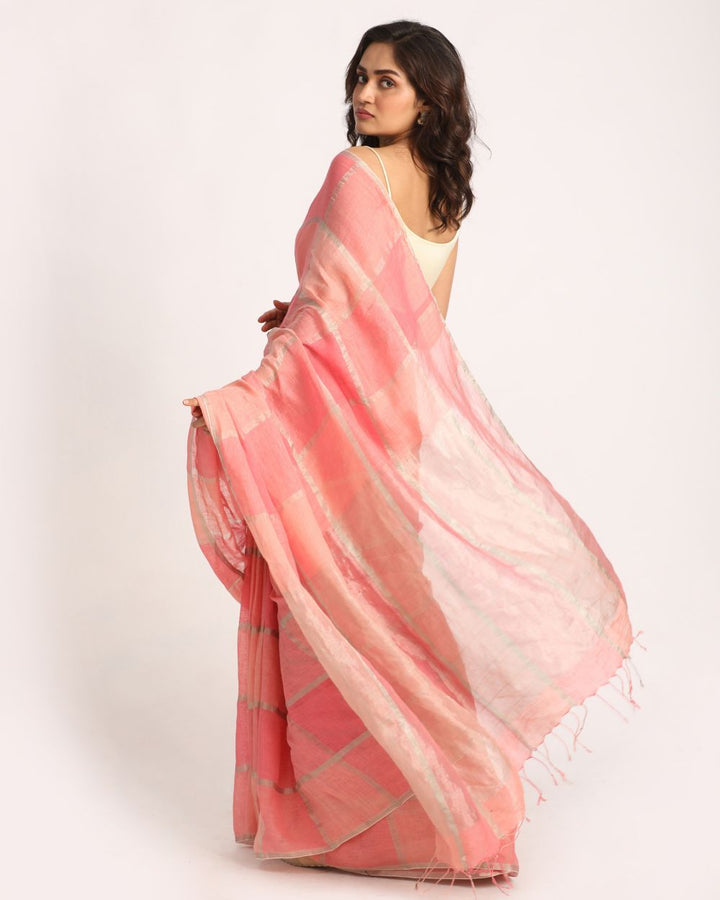 Peach pink handwoven linen saree
