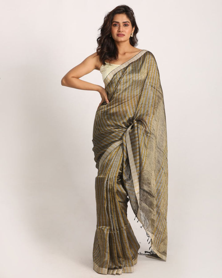 Stripes silver golden handwoven linen saree