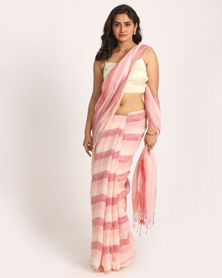 Peach white stripes handwoven linen saree