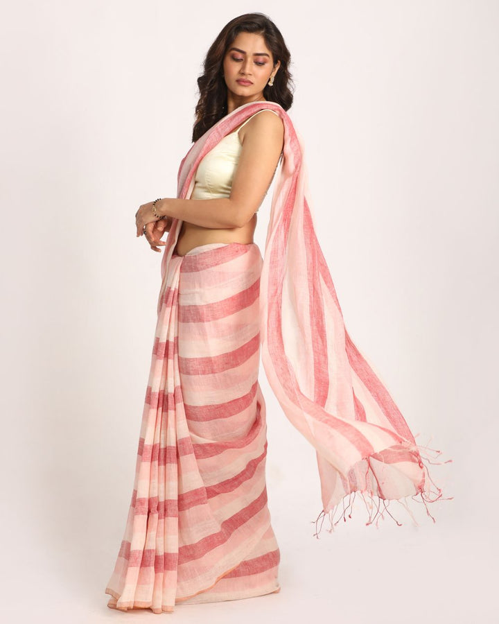 Peach white stripes handwoven linen saree