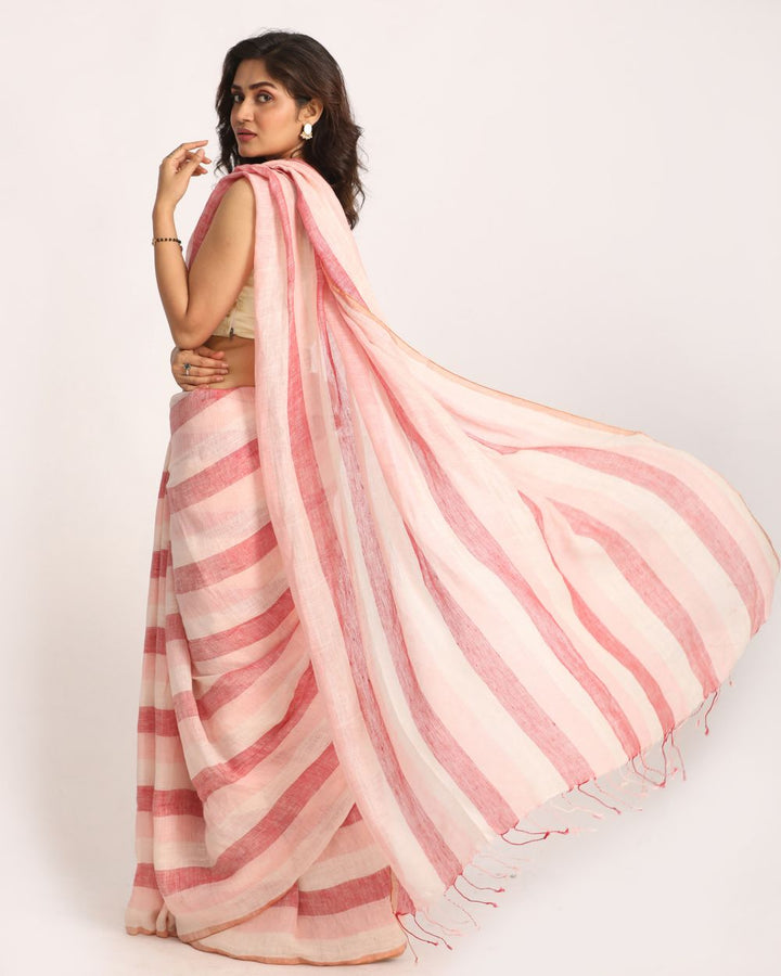Peach white stripes handwoven linen saree
