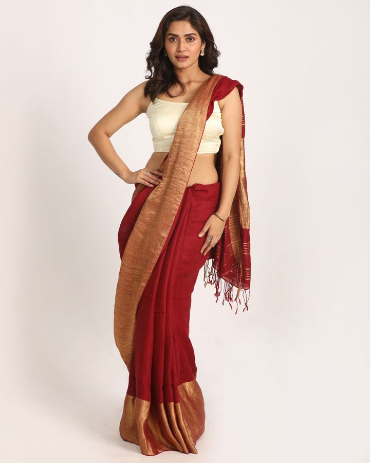 Maroon handwoven linen saree