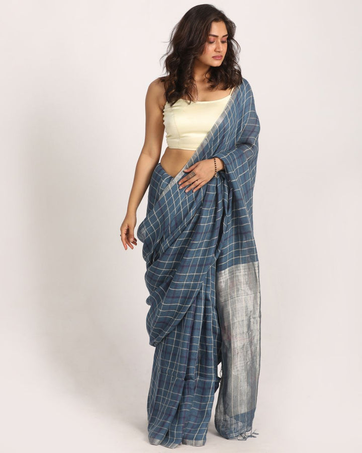 Steel blue handwoven linen saree