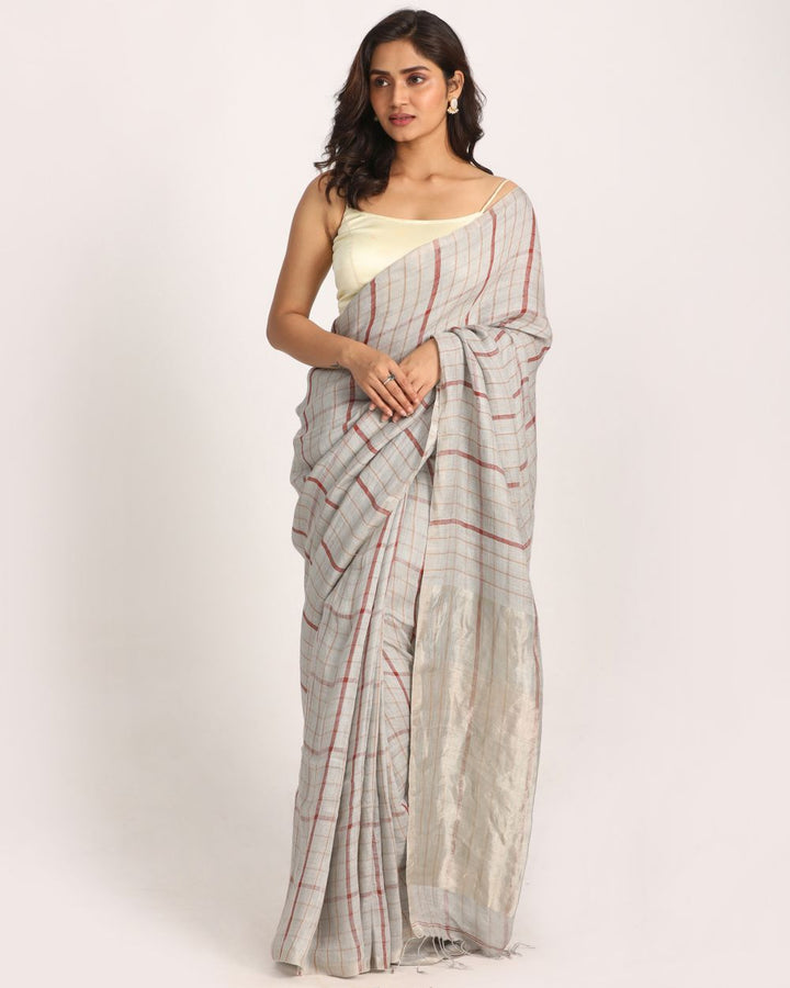 Grey silver handwoven linen saree