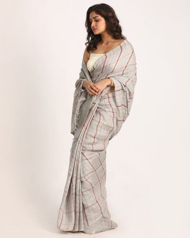 Grey silver handwoven linen saree