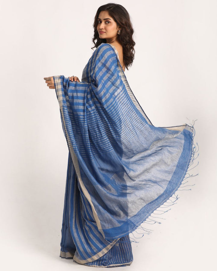 Royal blue silver stripes handwoven linen saree