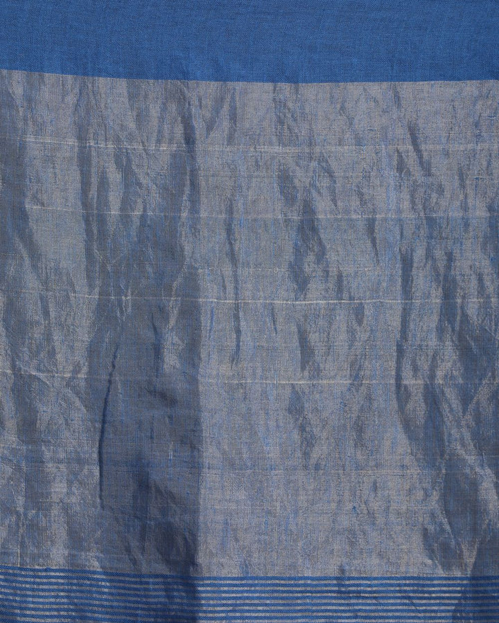 Royal blue silver stripes handwoven linen saree