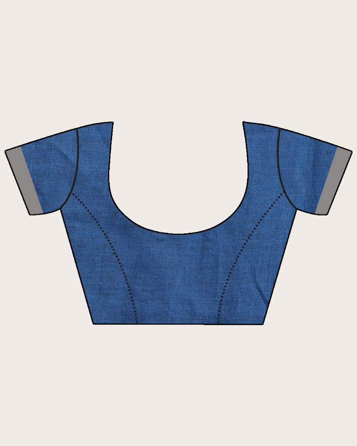 Royal blue silver stripes handwoven linen saree