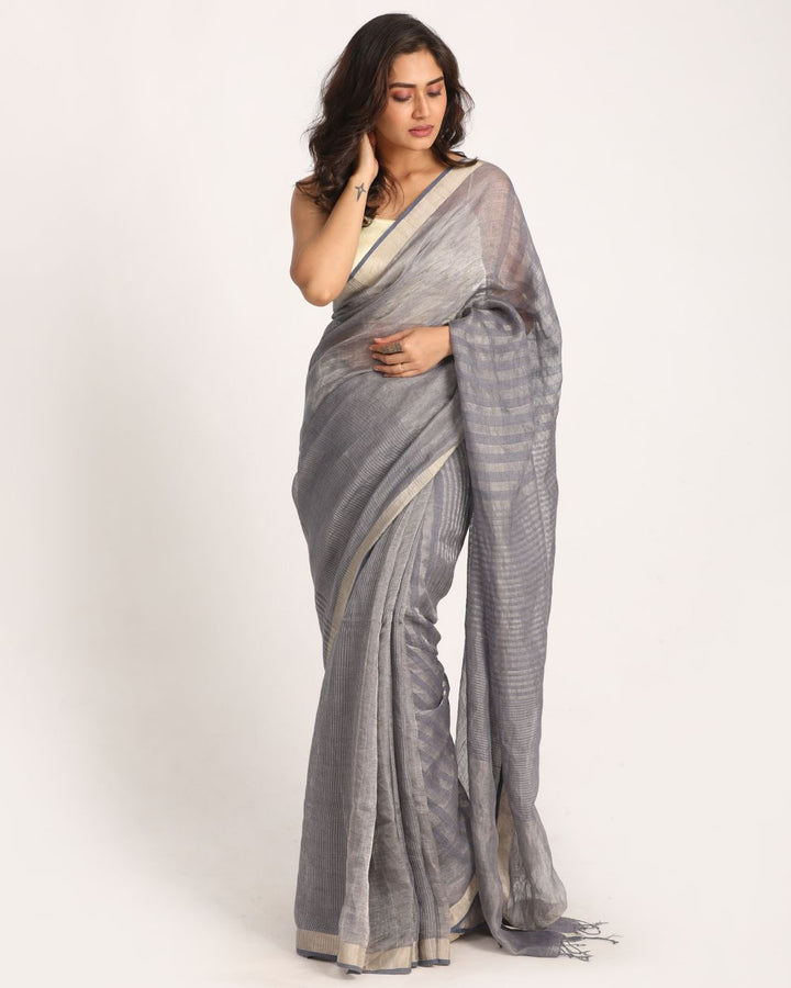 Grey silver blue handwoven linen saree