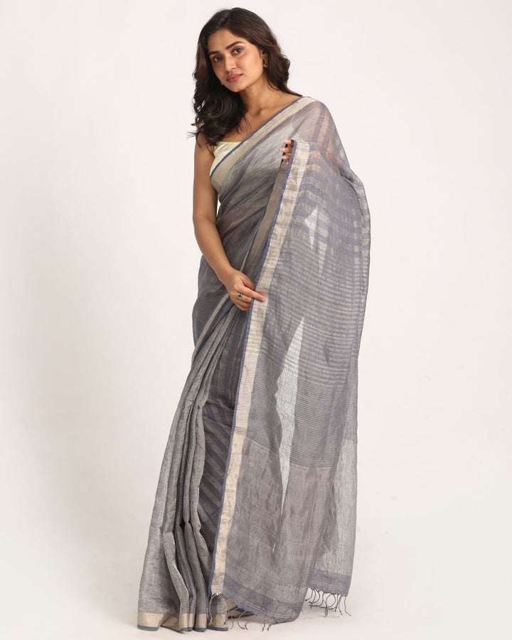 Grey silver blue handwoven linen saree