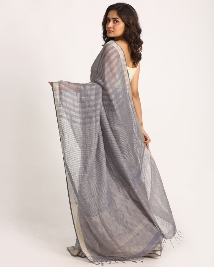 Grey silver blue handwoven linen saree