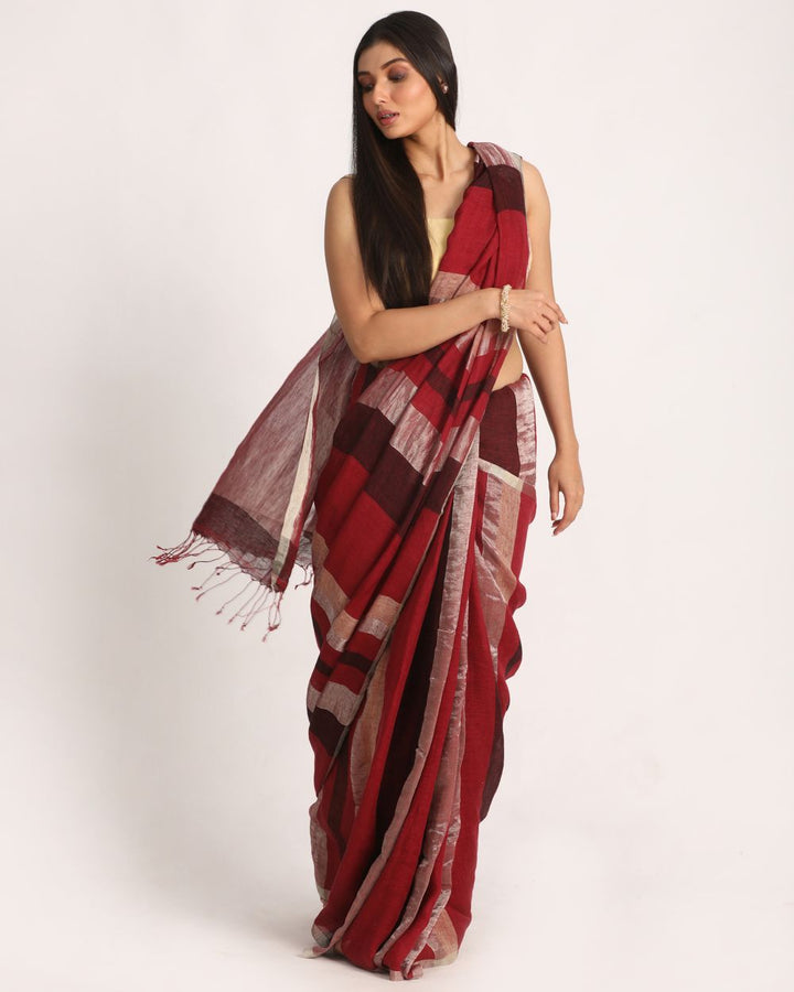 Maroon silver black handwoven linen saree