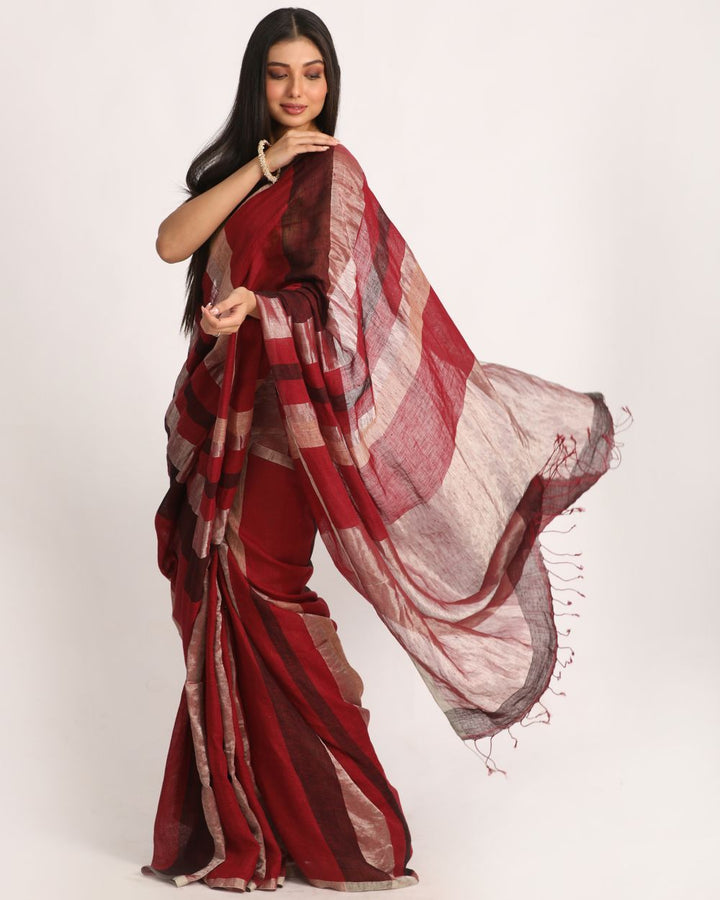 Maroon silver black handwoven linen saree