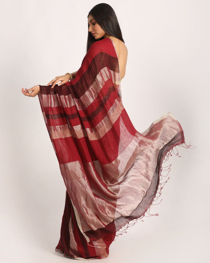 Maroon silver black handwoven linen saree