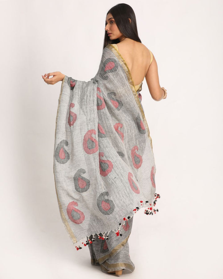 Grey handwoven linen jamdani saree