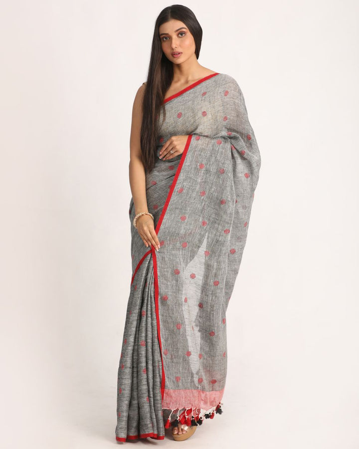 Grey handloom linen jamdani saree