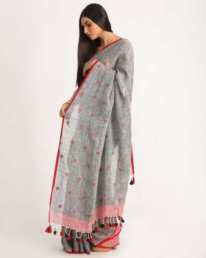 Grey handloom linen jamdani saree