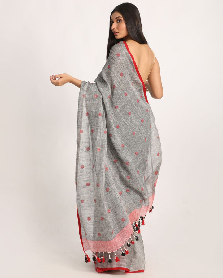 Grey handloom linen jamdani saree