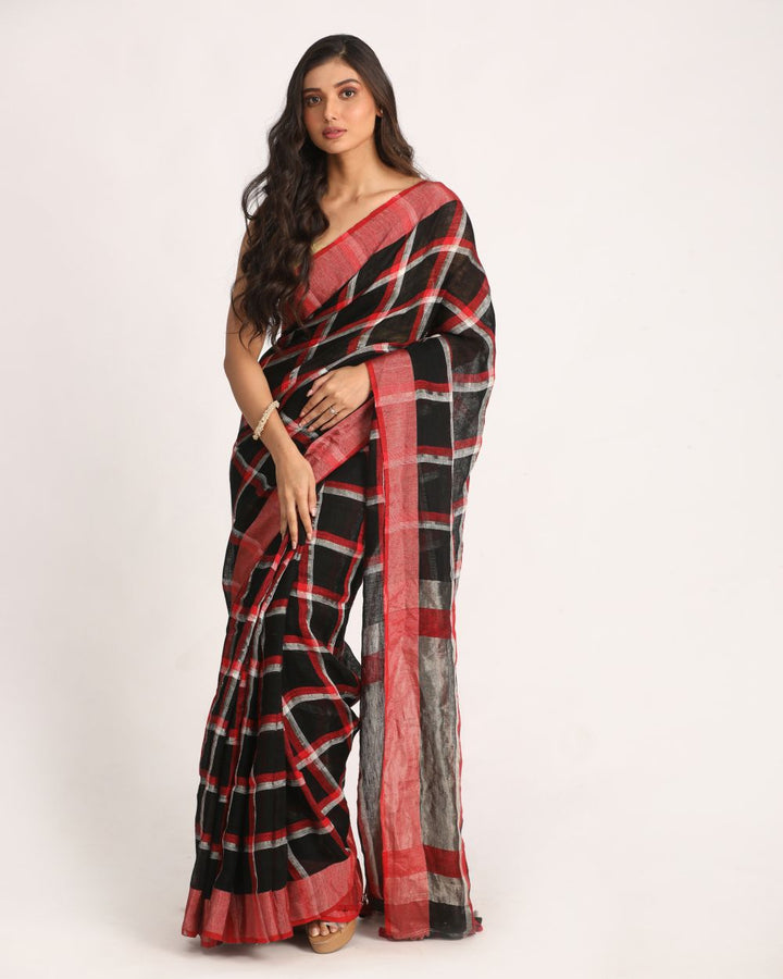 Black checks handwoven linen saree