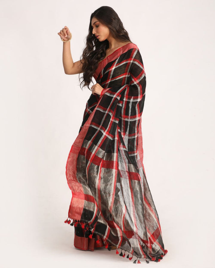Black checks handwoven linen saree