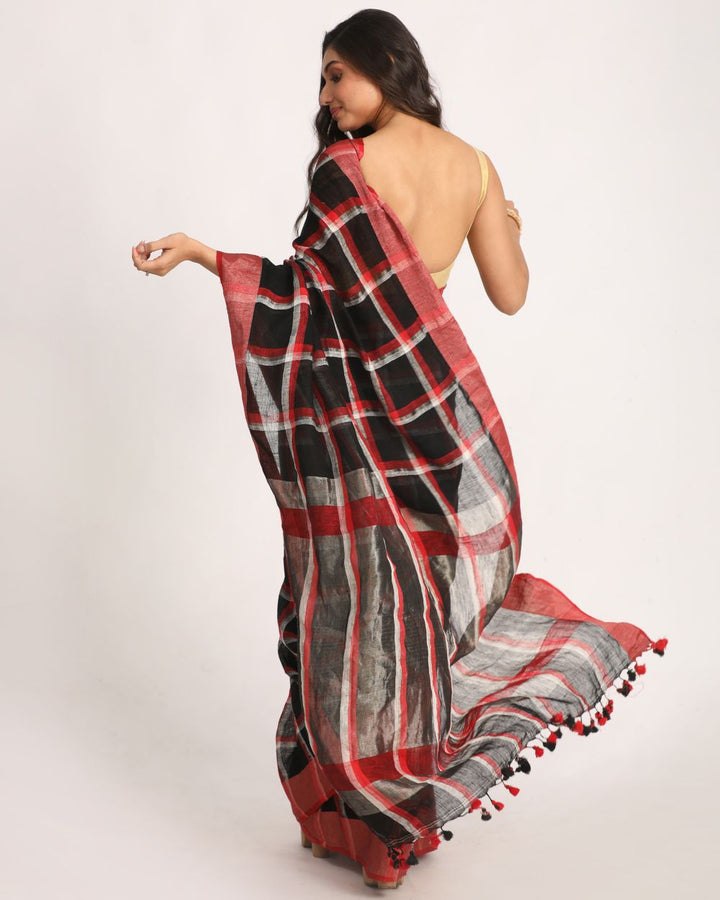 Black checks handwoven linen saree