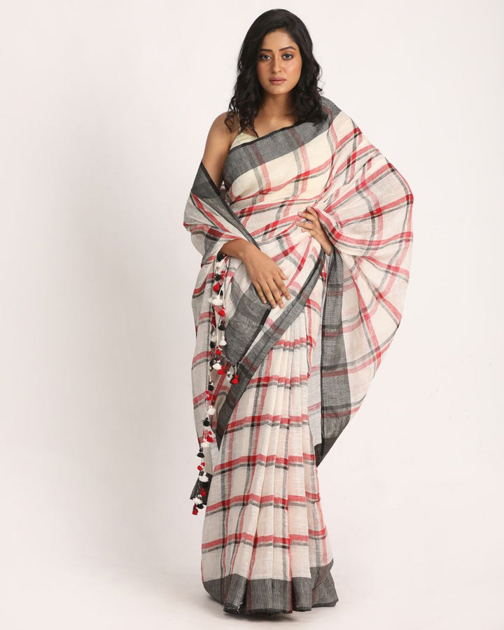 Off white checks handwoven linen saree