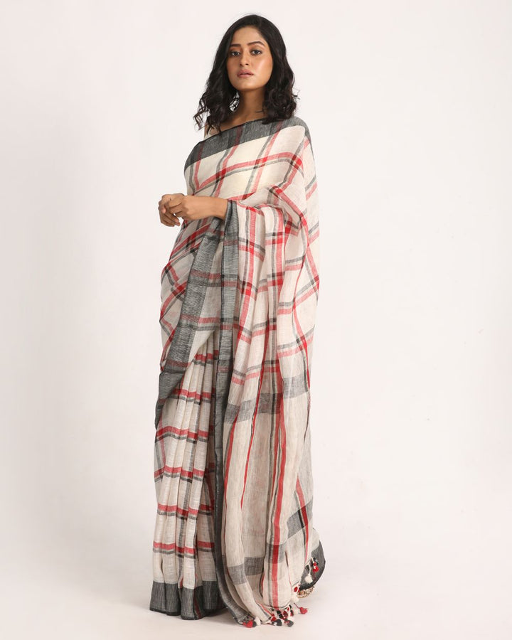 Off white checks handwoven linen saree