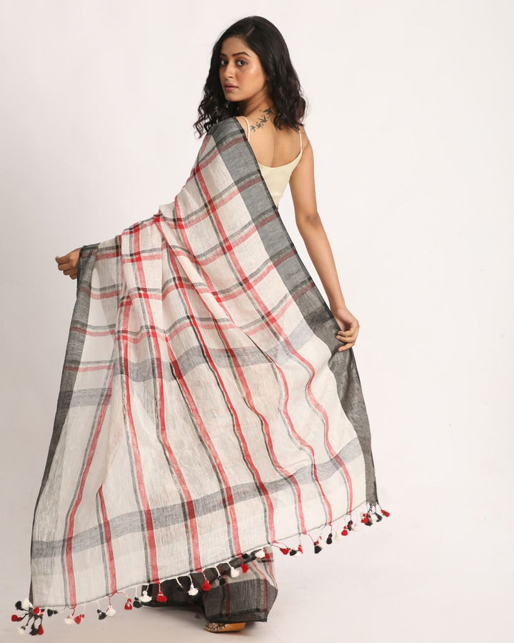 Off white checks handwoven linen saree