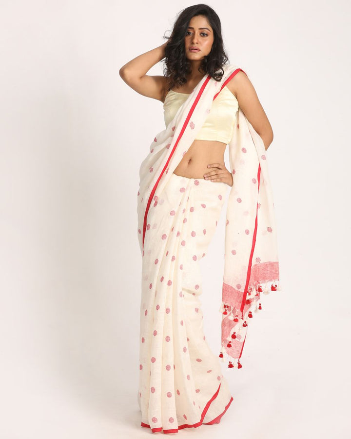 White handwoven linen jamdani saree