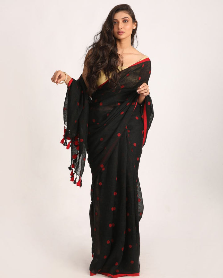 Black handloom linen jamdani saree
