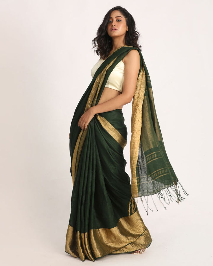 Dark green handwoven linen saree