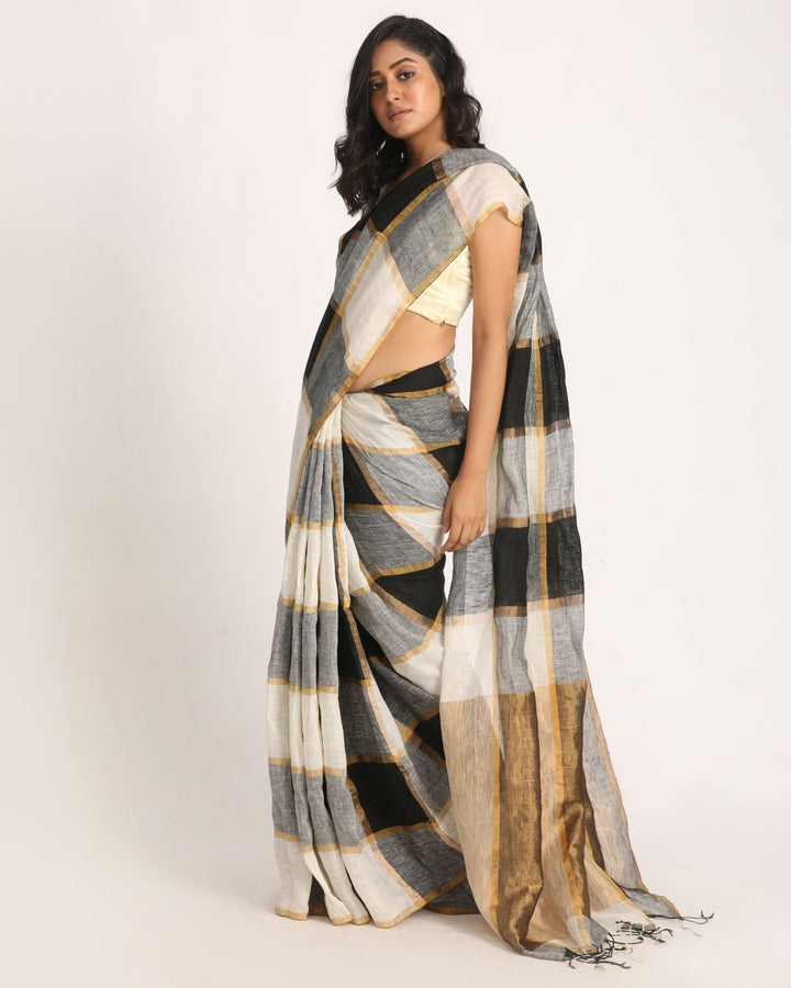 Black and white checks handwoven linen saree